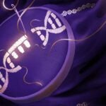Embroidery hoop stitching a glowing DNA double helix on purple fabric, with DNA strands around.