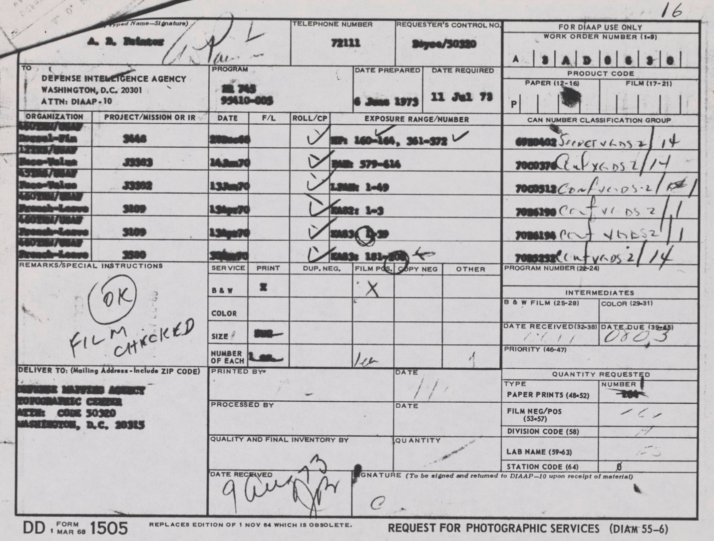 A filled-out Defense Intelligence Agency photographic service request form with handwritten notes and checkmarks.