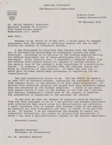 A typed letter from Harvard to Dr. Handler requesting help to declassify Vietnam War photos for biological research.