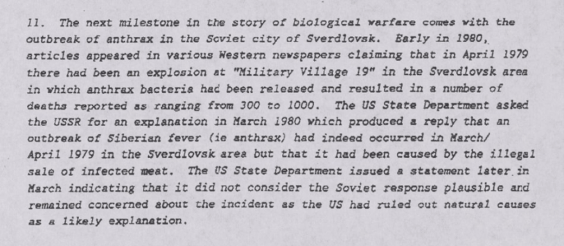 Typewritten text about a 1979 anthrax outbreak in the Soviet city of Sverdlovsk and US-Soviet responses.