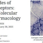 Conference flyer with nuclear receptor panel title, organizer names, and a blue-stained cell microscope image.