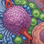 Colorful illustration of cancer cells surrounded by blood vessels and healthy cells under a microscope.