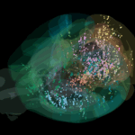 Colorful clusters of dots and translucent shapes form an abstract visualization on a black background.