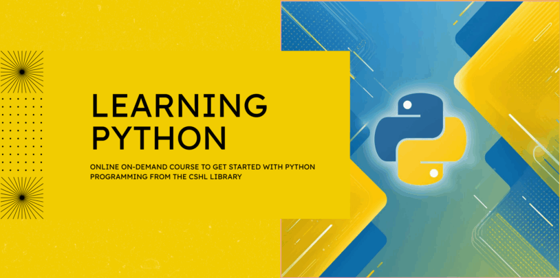 Yellow banner with Learning Python text, Python logo, and course information on programming with Python.