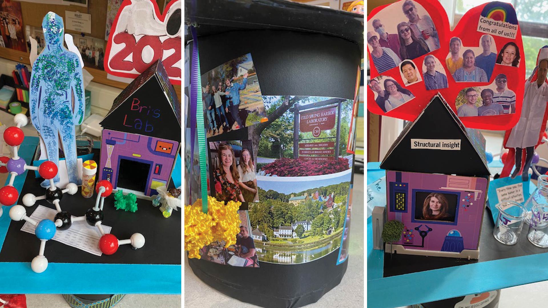 Three colorful science-themed graduation caps with photos, models, and congratulatory decorations.