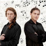 Sergey and Ilya in black shirts stand back to back with musical notes floating in the background; one holds a violin.