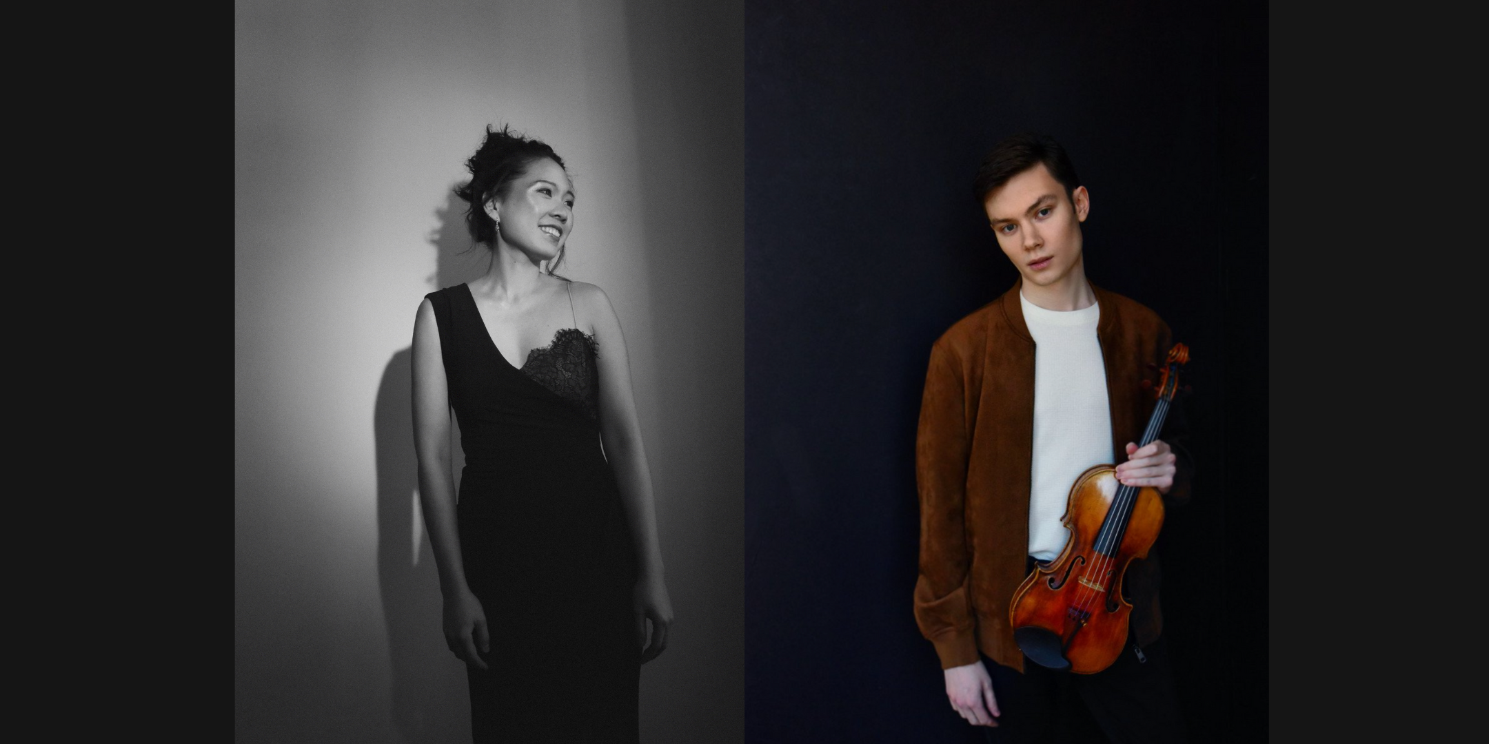 Split image: woman in a black dress smiling left, man in a brown jacket holding a violin on the right.