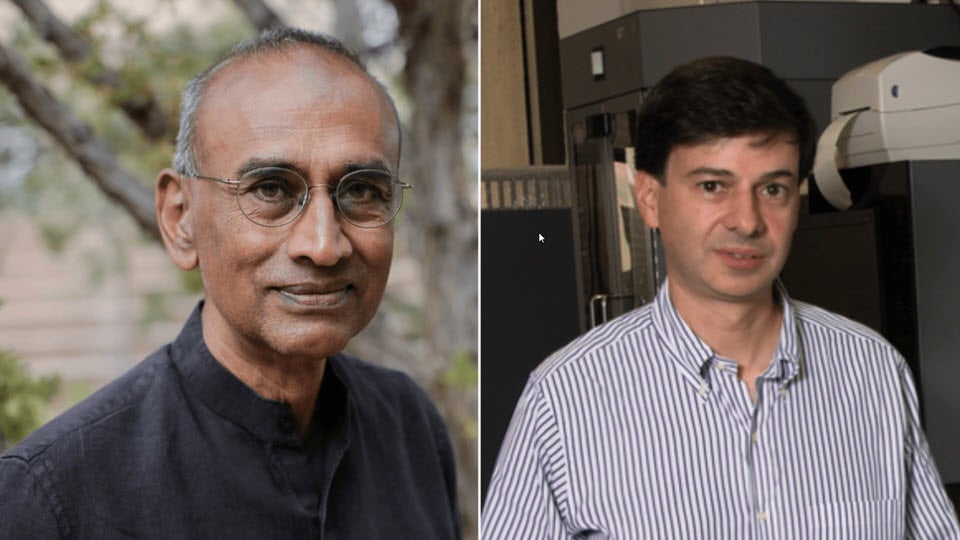 Two men, one in a black shirt outdoors, the other in a striped shirt indoors, shown side by side.