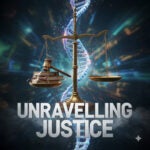 A golden scales of justice, books, and a gavel overlaid on a glowing DNA strand with UNRAVELLING JUSTICE text.
