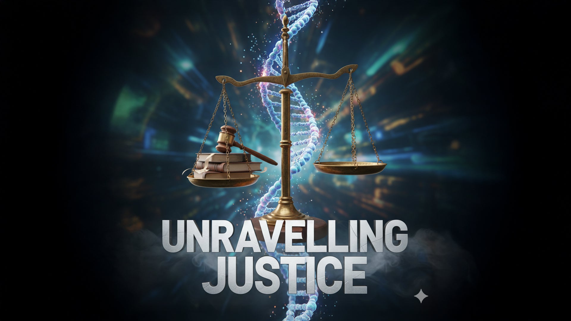 A golden scales of justice, books, and a gavel overlaid on a glowing DNA strand with UNRAVELLING JUSTICE text.