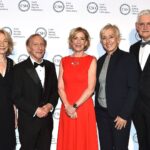 Marilyn Simons, Bob Langer, Chris Evert, Martina Navratilova, and Bruce Stillman in formal attire pose together at a Cold Spring Harbor Laboratory event, standing in front of a logo backdrop.