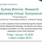 Event flyer for the Sydney Brenner Research Fellowship Virtual Symposium with event details and a photo of a man.