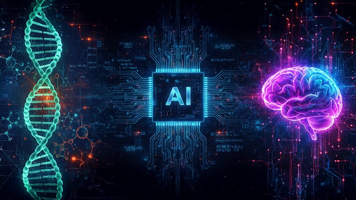 Digital illustration of a DNA strand, a glowing AI chip, and a neon brain connected by circuitry and data.