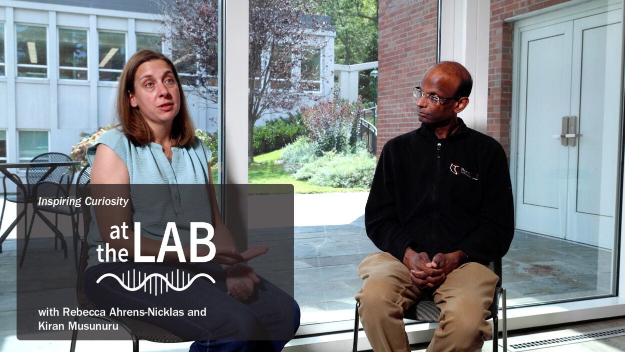 Two people sit and talk in a bright room with large windows; “at the LAB” show title is displayed.