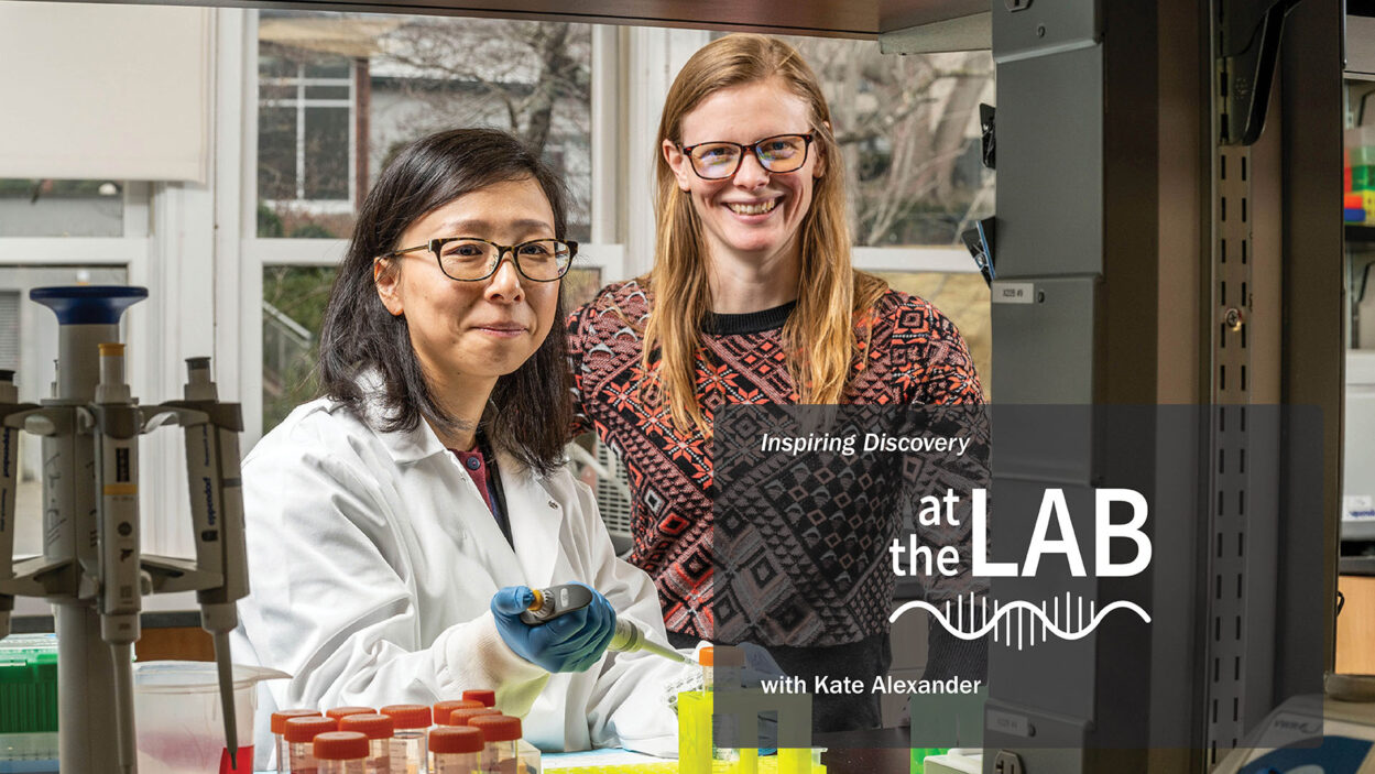 Two women smile in a laboratory setting; text reads Inspiring Discovery at the LAB with Kate Alexander.