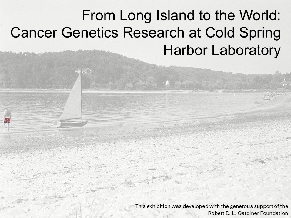 A sailboat on a calm shoreline with exhibition title text about cancer genetics research at Cold Spring Harbor Laboratory.