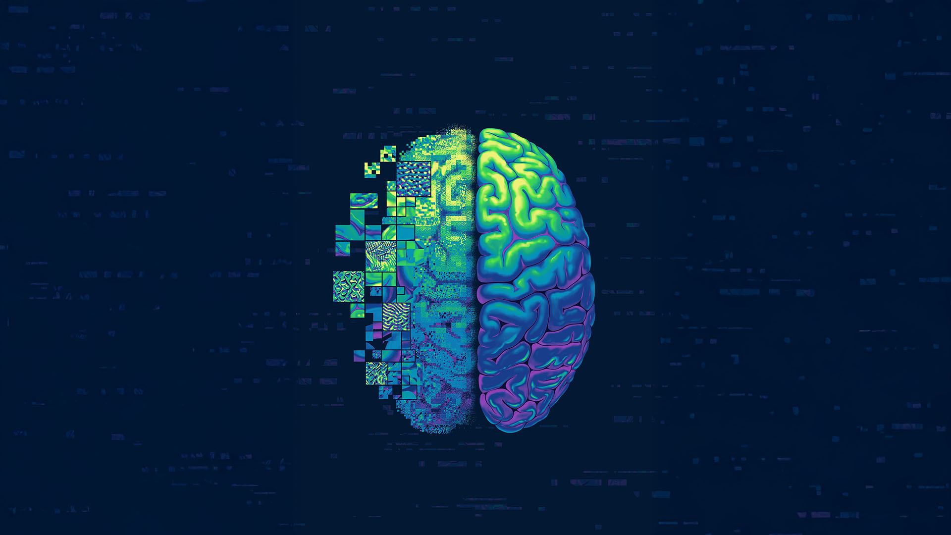 A digital illustration of a brain, half pixelated and half realistic, on a dark, abstract background.