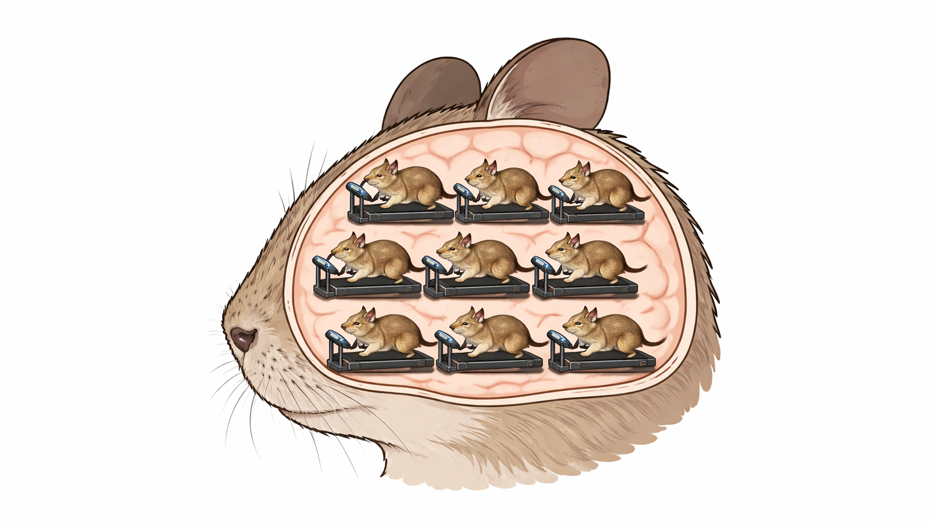 Illustration of a rodent head with its brain revealed, showing tiny rodents running on treadmills inside the brain.